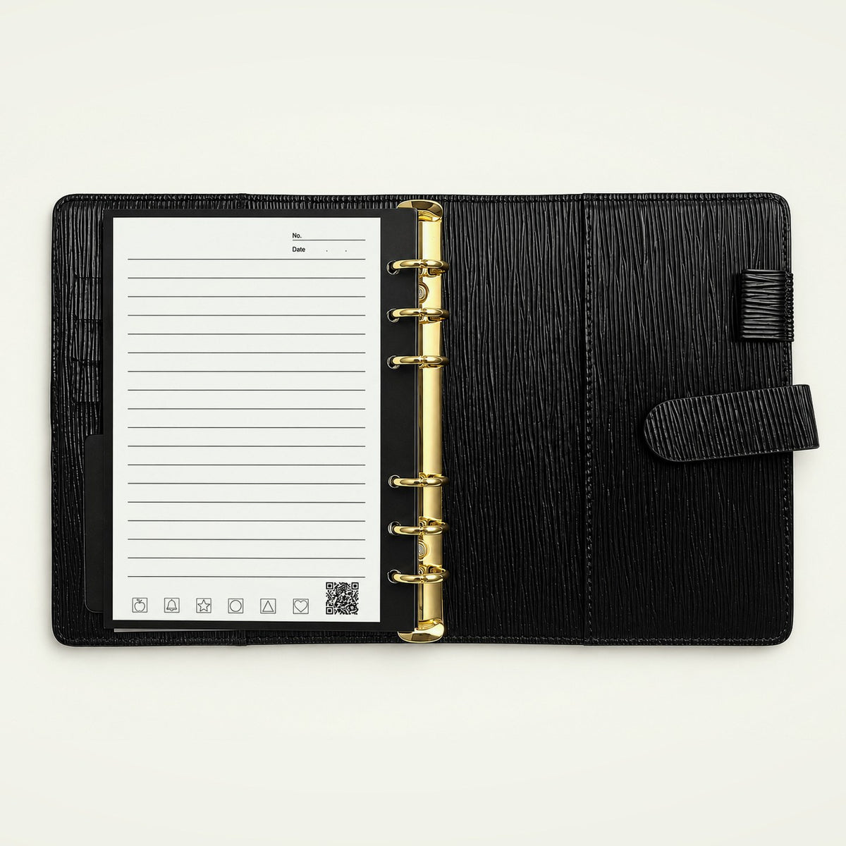 Infinote Executive Mini AI Smart Notebook – Black, open, ruled page and inner cover