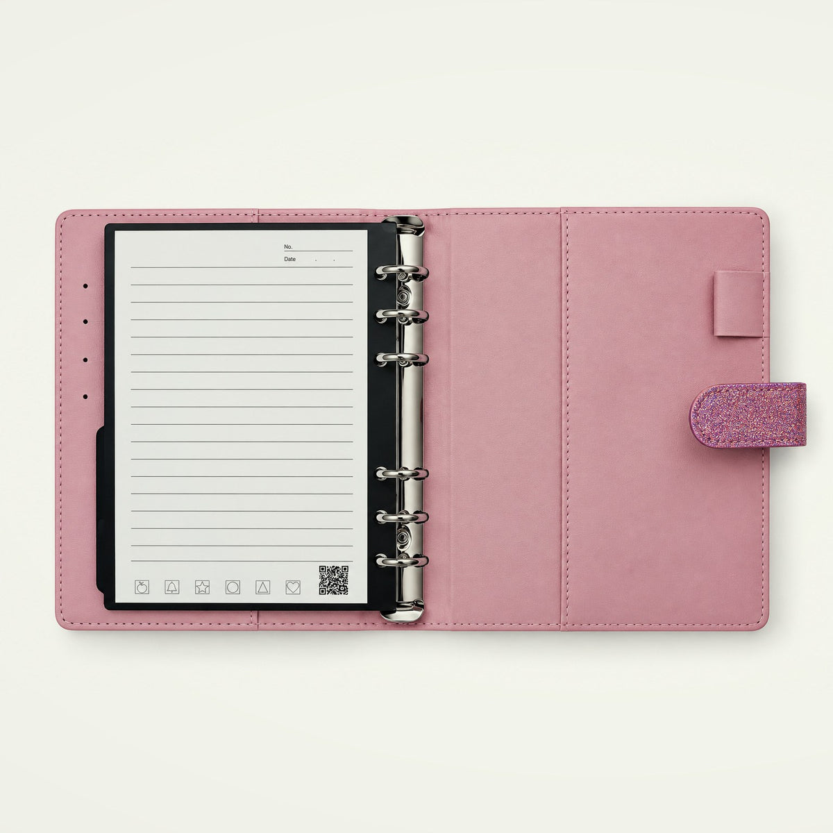 Infinote Executive Mini AI Smart Notebook – Rose Gold, open, ruled page and inner cover