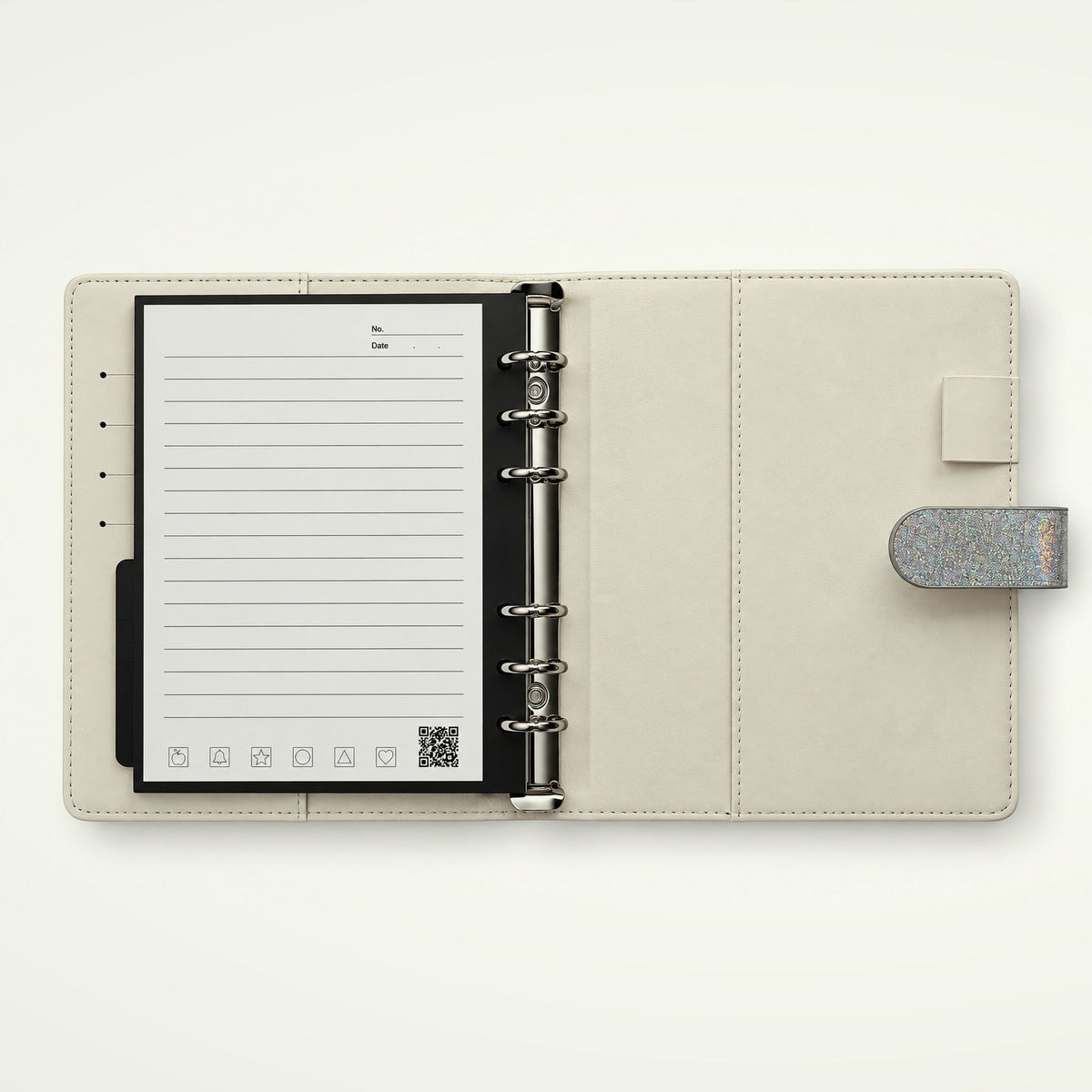 Infinote Executive Mini AI Smart Notebook – Silver, open, ruled page and inner cover