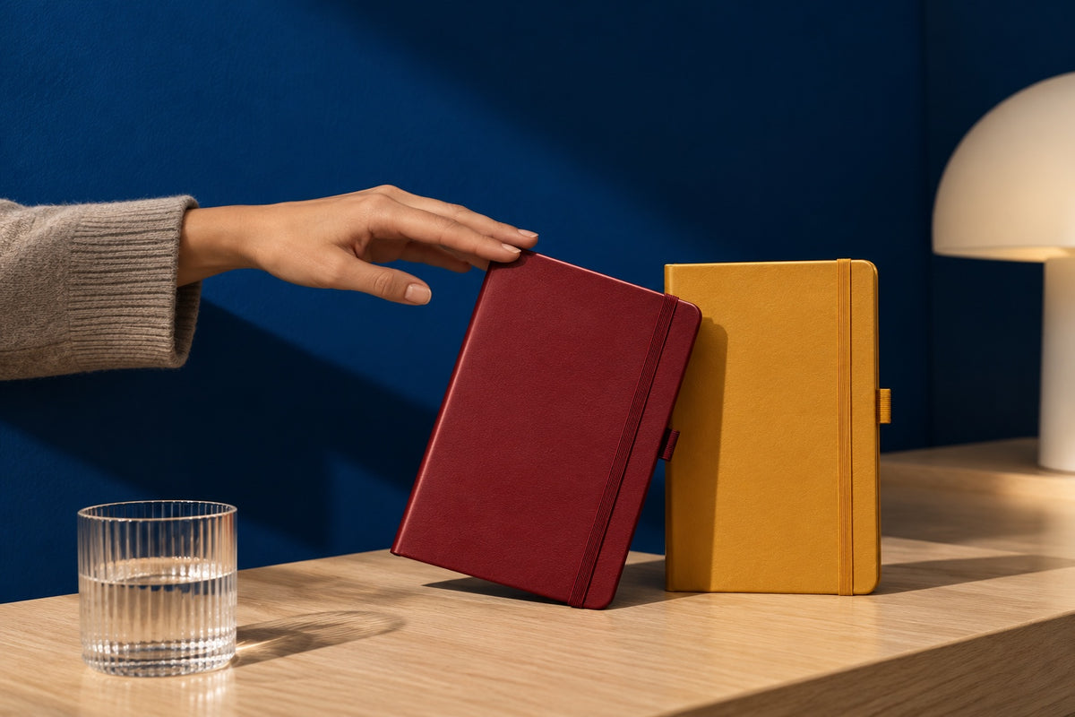 Two Infinote Classic notebooks on an oak table against a deep blue wall, a hand resting on one of them