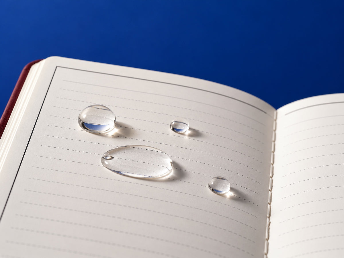 Water beads resting on the ruled stone-paper page of an open Infinote notebook