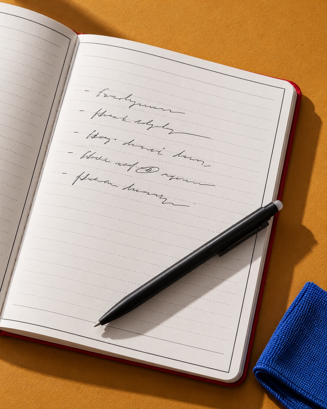 Handwriting on the ruled page of an open Infinote notebook, with an erasable pen and a cloth beside it