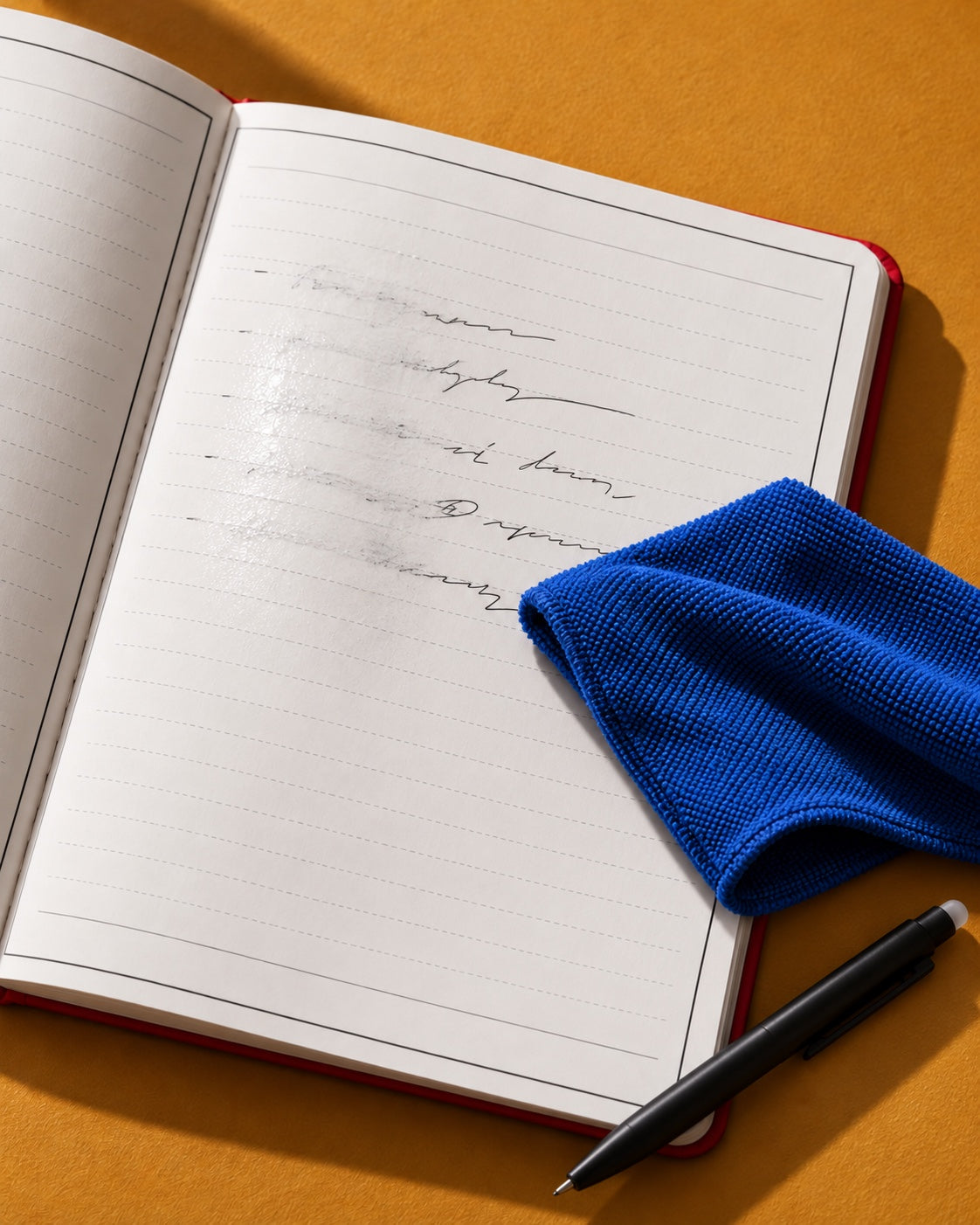 A microfibre cloth wiping handwriting from the ruled page of an open Infinote notebook
