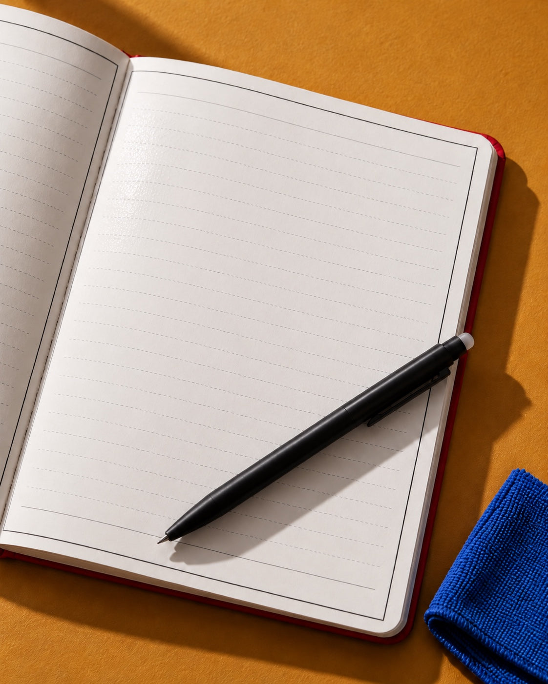 The ruled page wiped clean, the cloth folded beside it, ready to write again