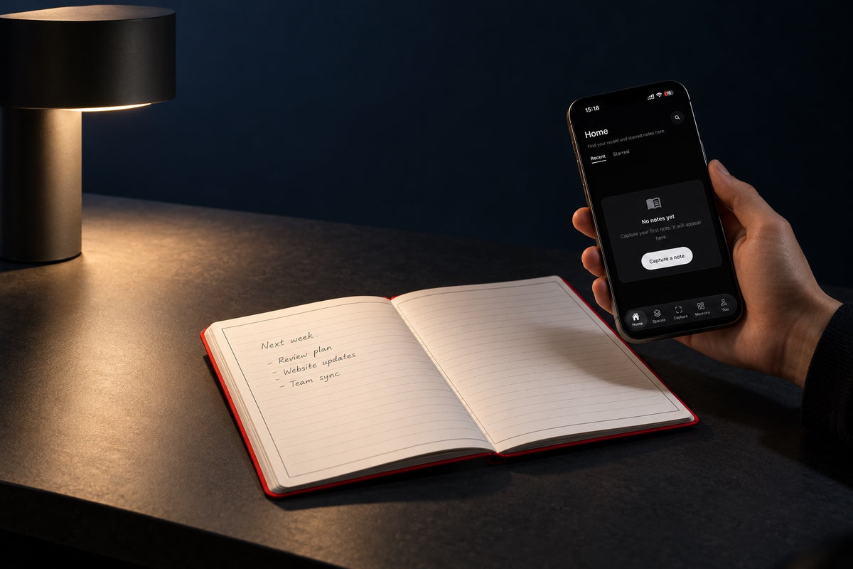 A hand holding a phone showing the Infinote app above an open Infinote notebook with handwriting