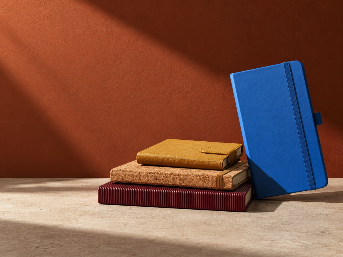 Four Infinote notebook forms stacked and leaning against a clay wall
