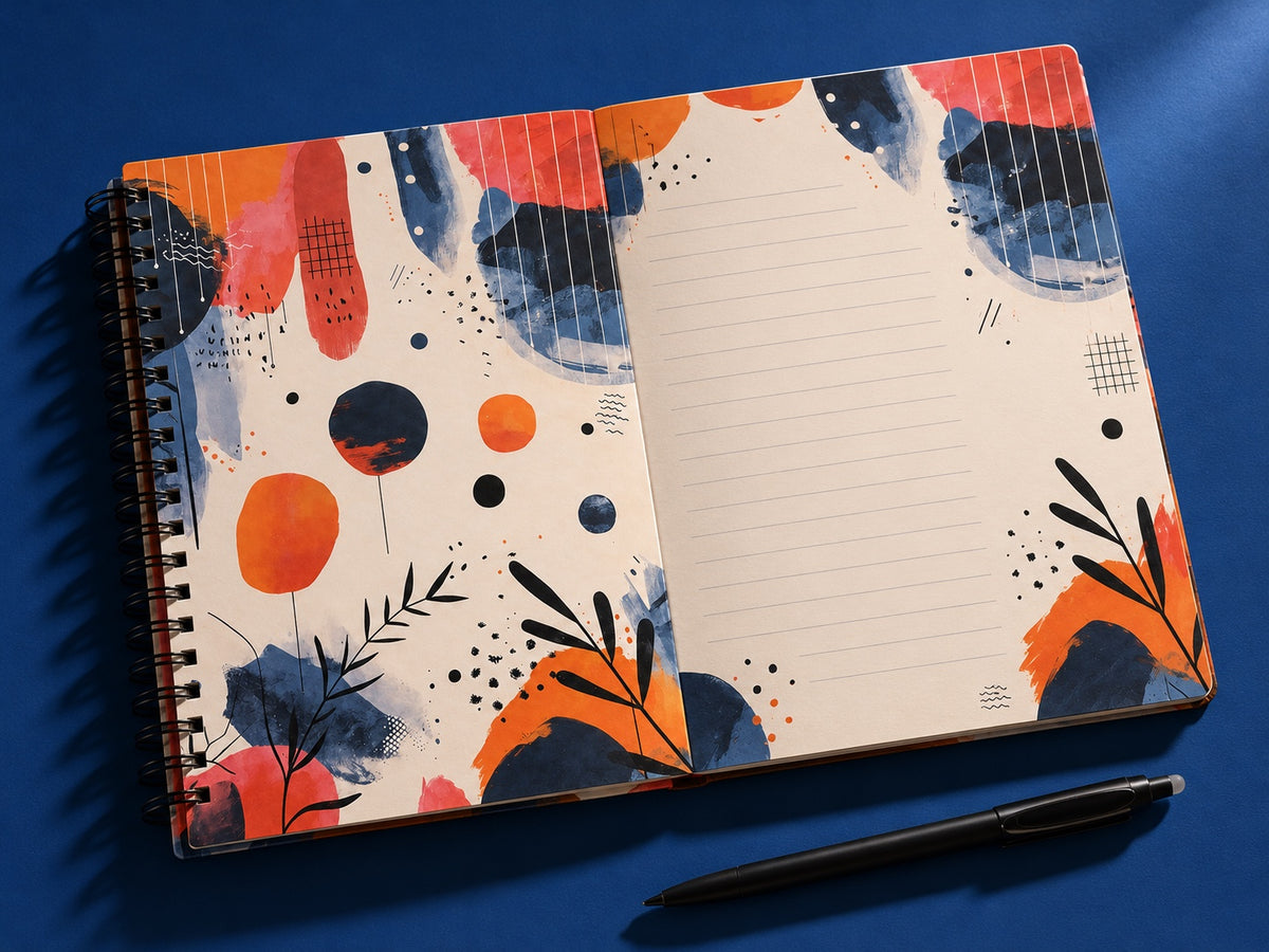 An open Happiness Planner spread with colourful interior pages and spiral binding