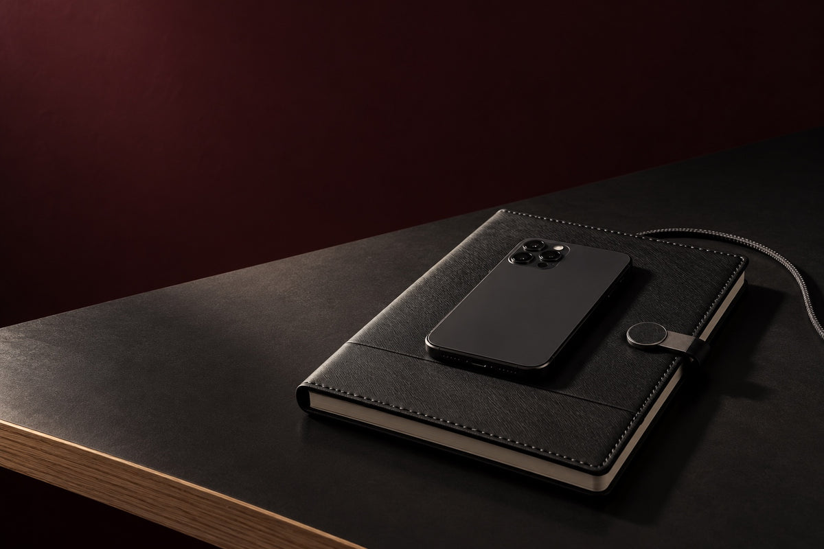 A black Infinote Pulse planner with a phone resting on its cover and a cable beside it