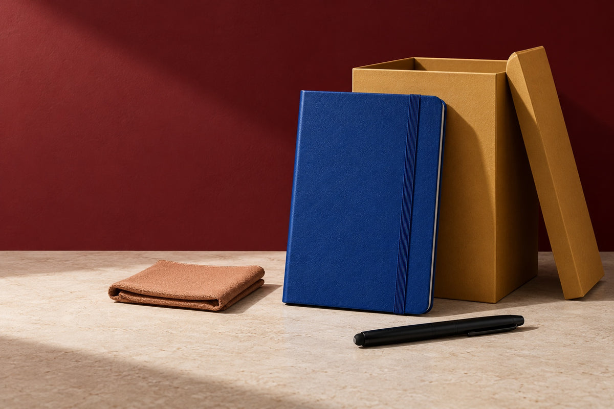 An open gift box, an Infinote notebook, a pen and a folded cloth arranged against a wall