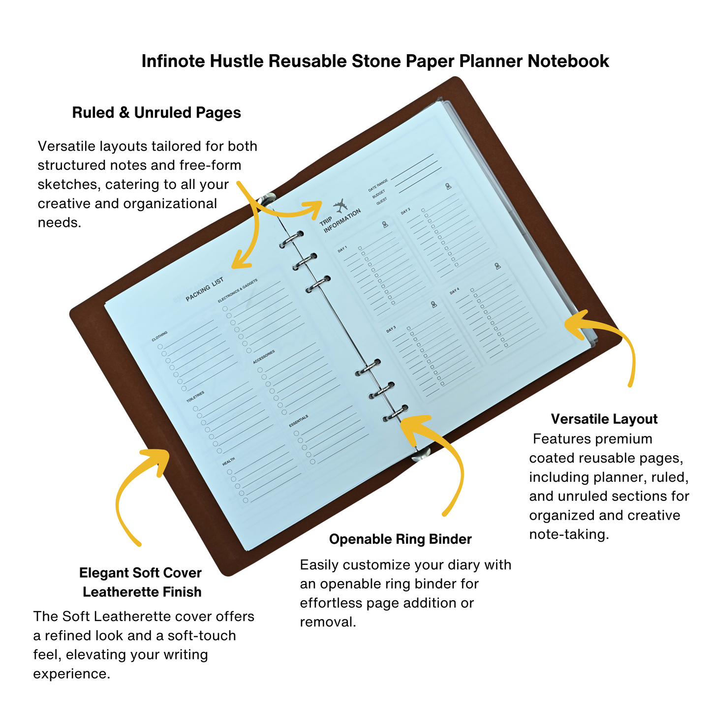 Infinote Hustle Reusable Stone Paper Smart Notebook and Planner B5 Cover with A5 Pages, Planner, Ruled & Unruled Sections, Eco-Friendly & Erasable, Ideal for Notes, Goals, & Organization ( 96 Pages | 48 Sheets | 48 Sides, Tan Brown,71)