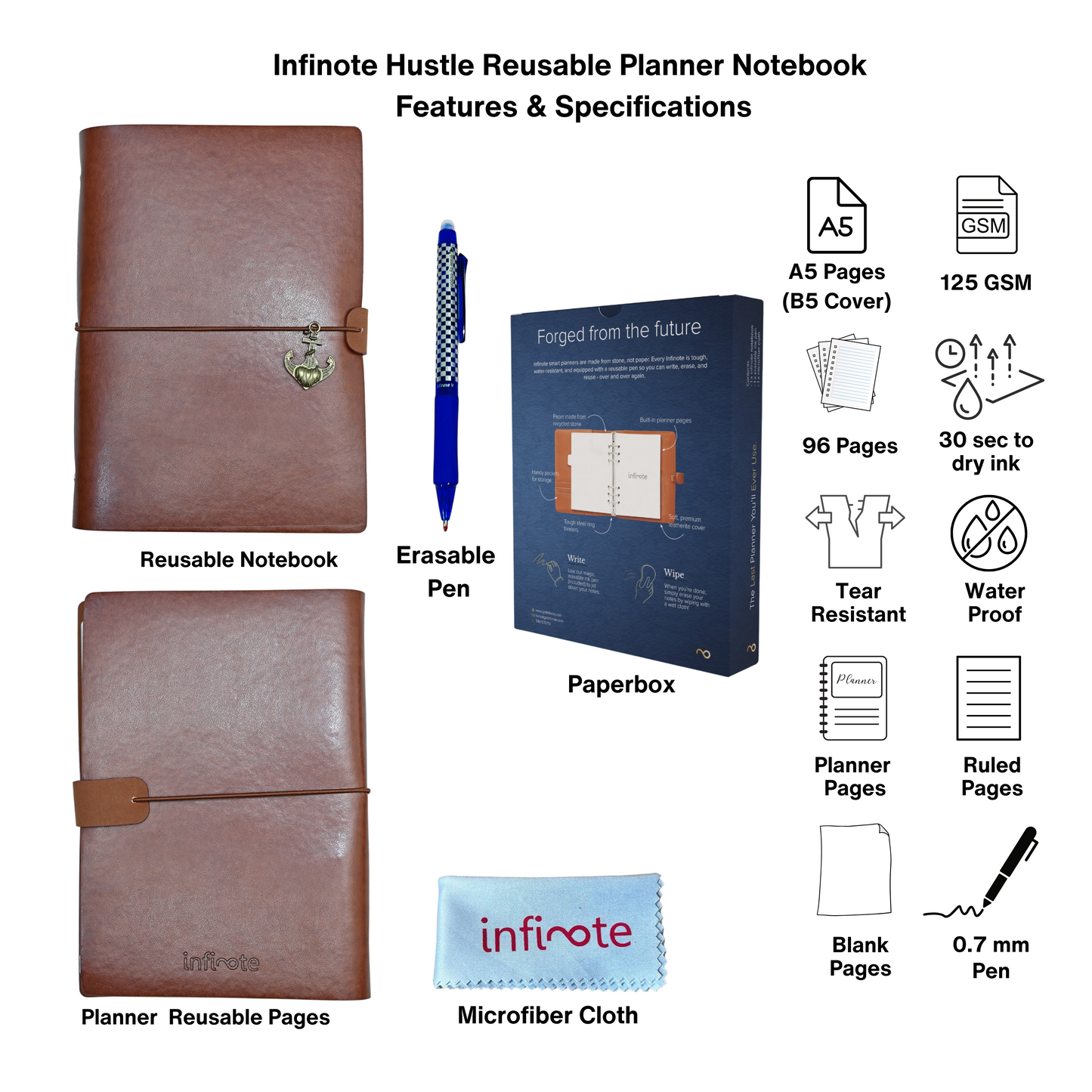 Infinote Hustle Reusable Stone Paper Smart Notebook and Planner B5 Cover with A5 Pages, Planner, Ruled & Unruled Sections, Eco-Friendly & Erasable, Ideal for Notes, Goals, & Organization ( 96 Pages | 48 Sheets | 48 Sides, Tan Brown,71)