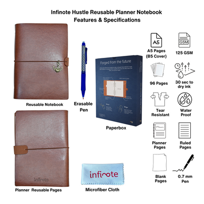 Infinote Hustle Reusable Stone Paper Smart Notebook and Planner B5 Cover with A5 Pages, Planner, Ruled & Unruled Sections, Eco-Friendly & Erasable, Ideal for Notes, Goals, & Organization ( 96 Pages | 48 Sheets | 48 Sides, Tan Brown,71)