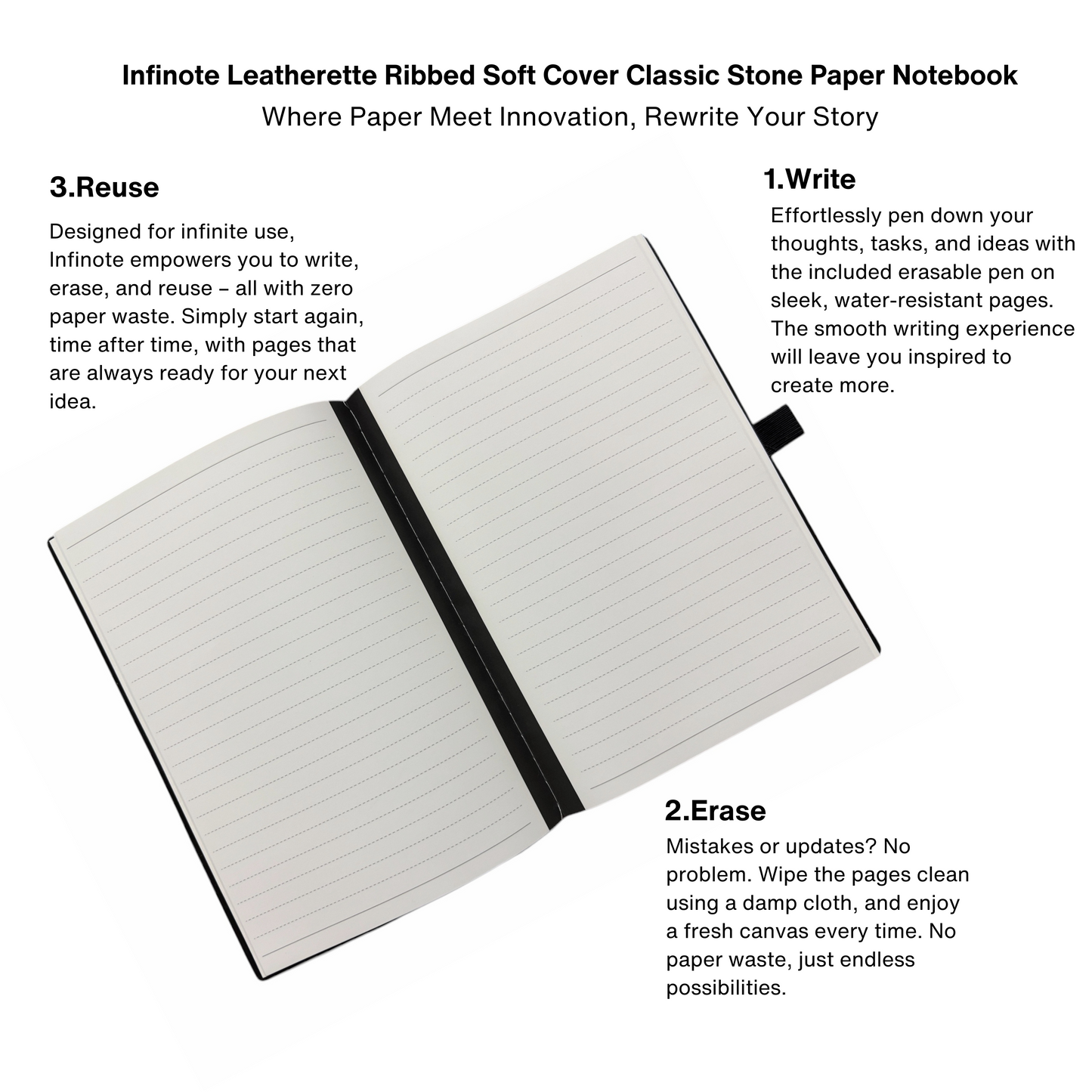 Infinote Leatherette Ribbed Soft Cover Classic Stone Paper Notebook – Water-Resistant, Eco-Friendly, Half-Ruled & Half-Unruled Pages, with Pen Holder & Back Pocket