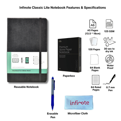 Classic Lite Black Reusable Smart Notebook : Sustainable Note-Taking Solution