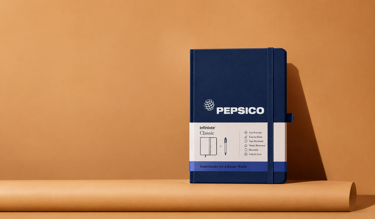 Navy Infinote Classic notebook with PepsiCo identity on a caramel set