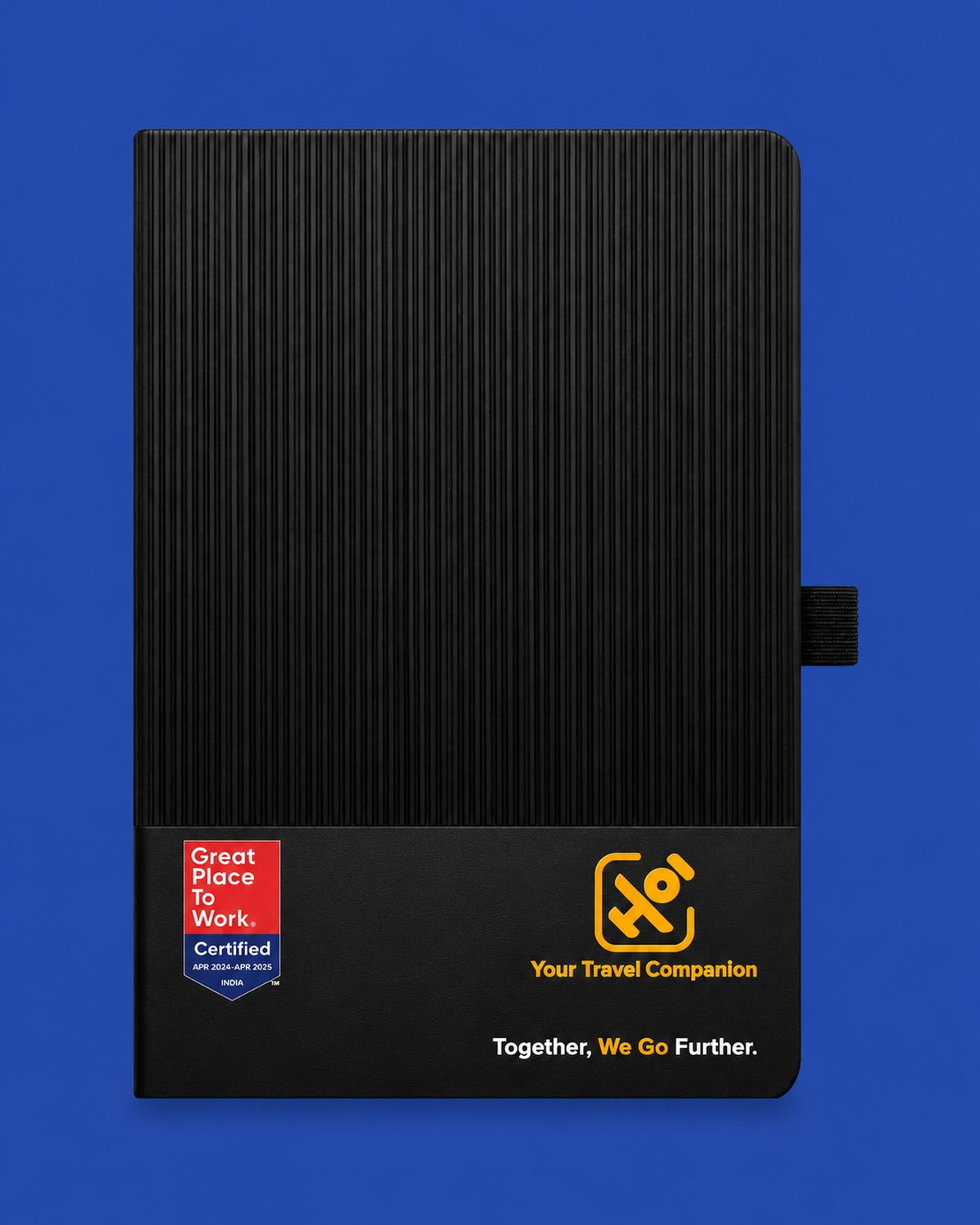 Black Infinote notebook with a ribbed cover, printed in colour with client artwork by UV printing, on a cobalt blue background