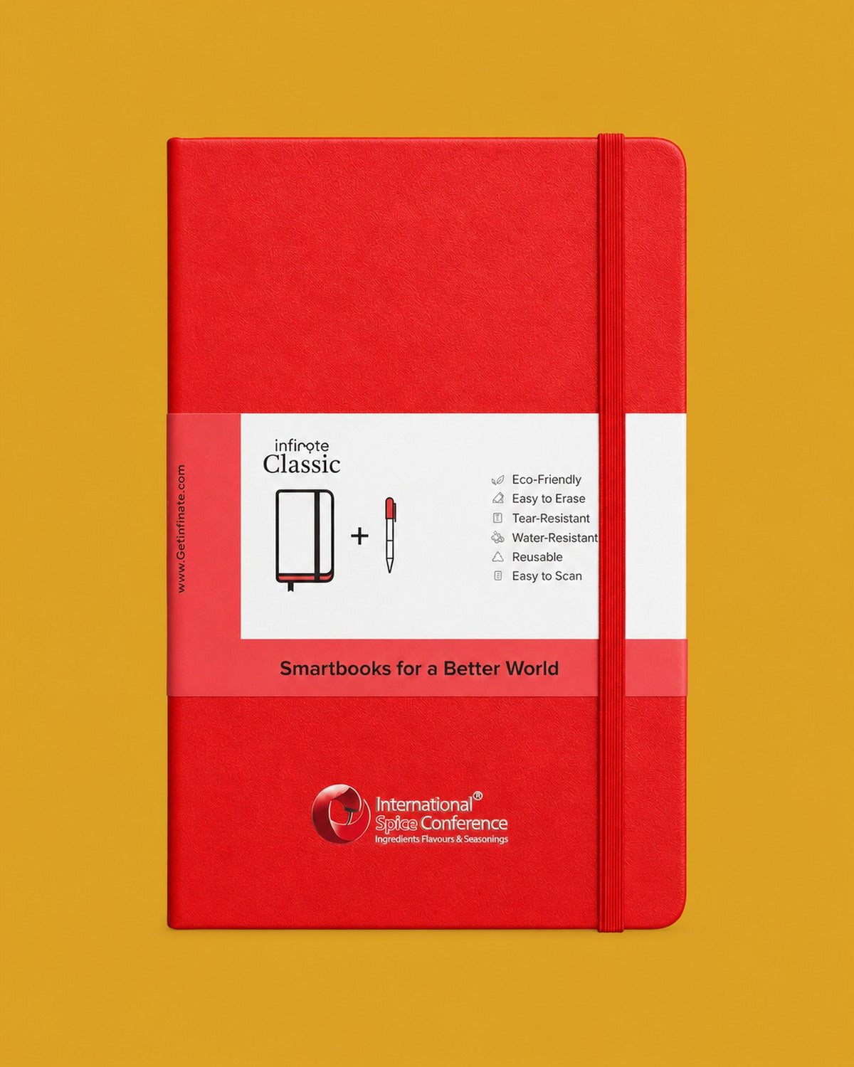 Red Infinote notebook with a client logo printed by offset printing, on a mustard background