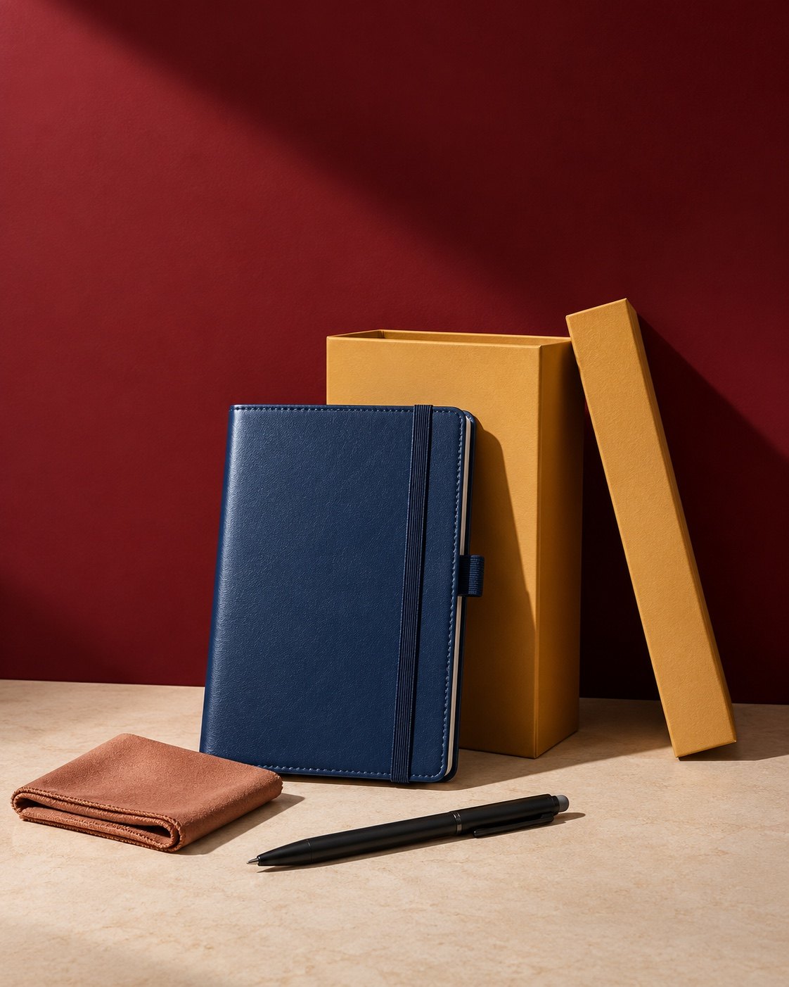 A hamper: navy notebook, black pen and leather accessory with a mustard gift box on a burgundy set