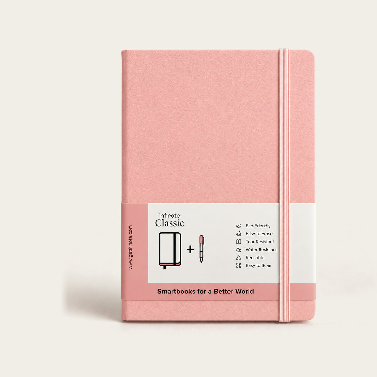 Infinote Classic Reusable Stone Paper AI Smart Notebook – Baby Pink, front cover with paper wrap