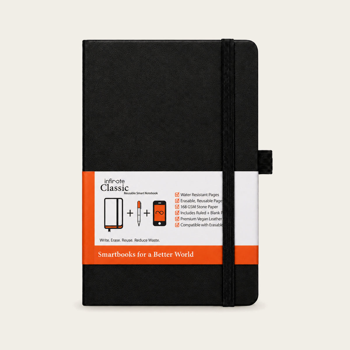 Infinote Classic Reusable Stone Paper AI Smart Notebook – Black, front cover with paper wrap