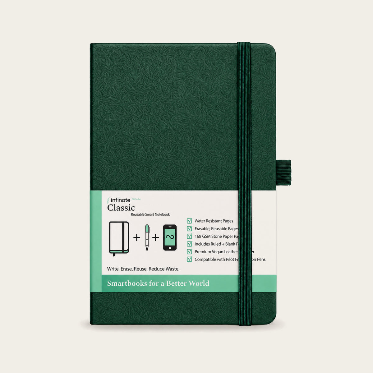 Infinote Classic Reusable Stone Paper AI Smart Notebook – Dark Green, front cover with paper wrap