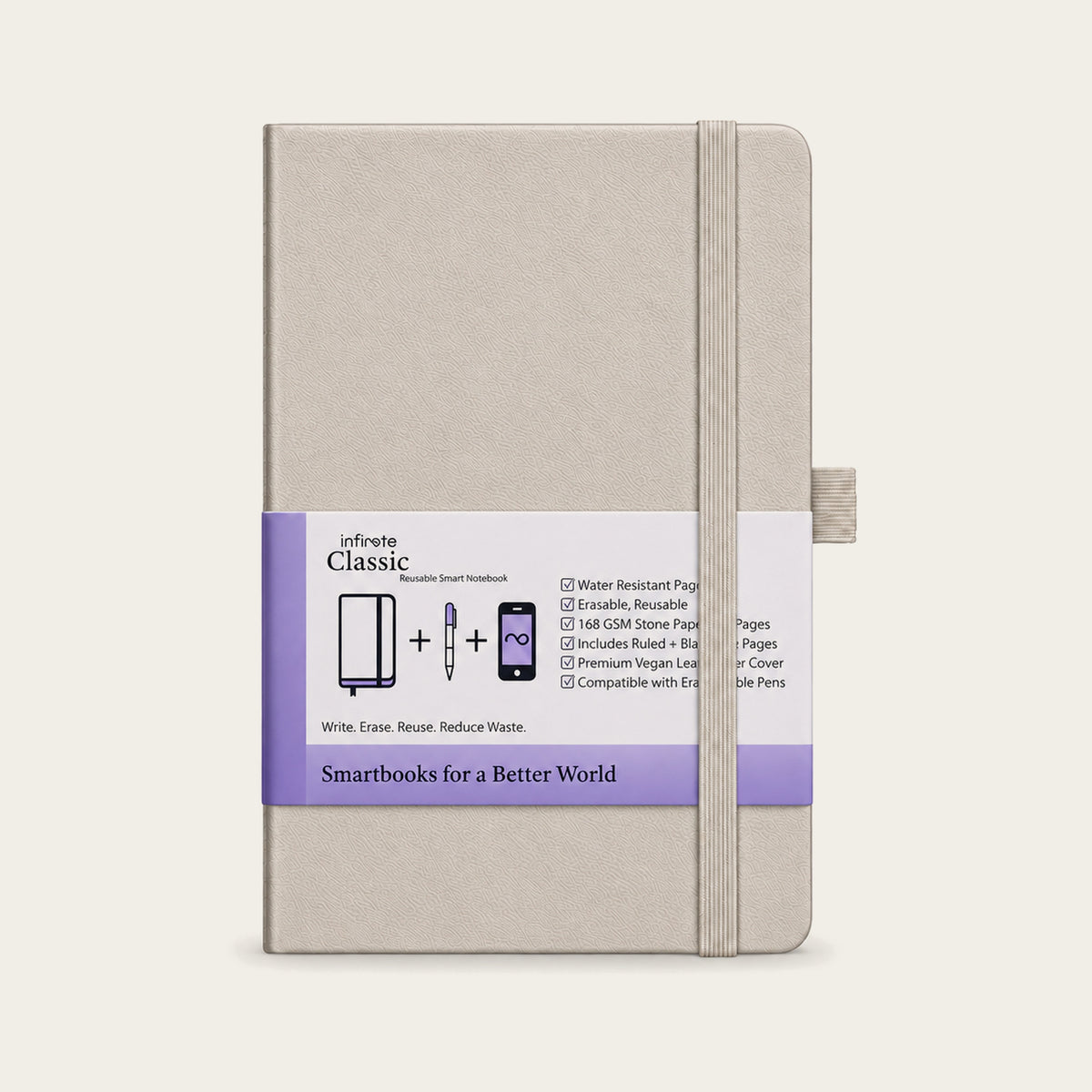 Infinote Classic Reusable Stone Paper AI Smart Notebook – Ivory, front cover with paper wrap