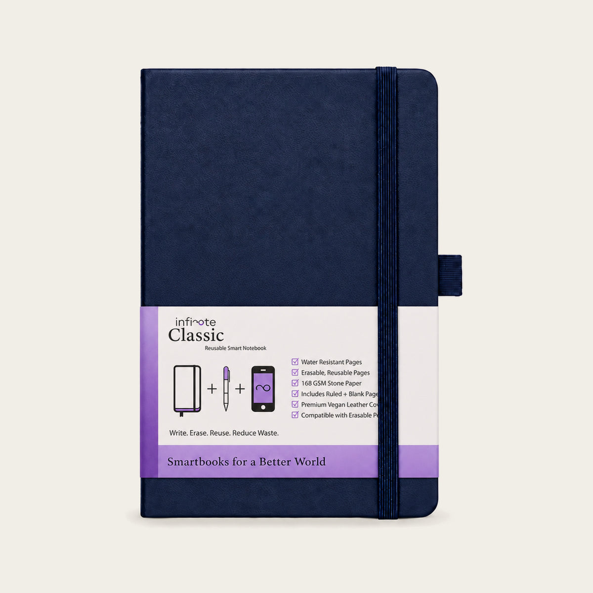 Infinote Classic Reusable Stone Paper AI Smart Notebook – Navy Blue, front cover with paper wrap