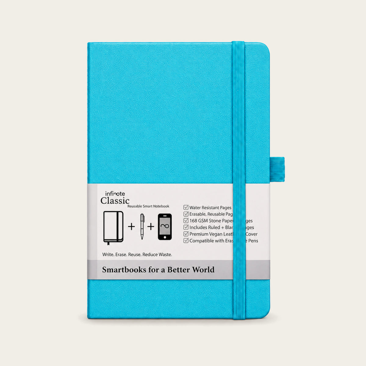 Infinote Classic Reusable Stone Paper AI Smart Notebook – Reef Blue, front cover with paper wrap