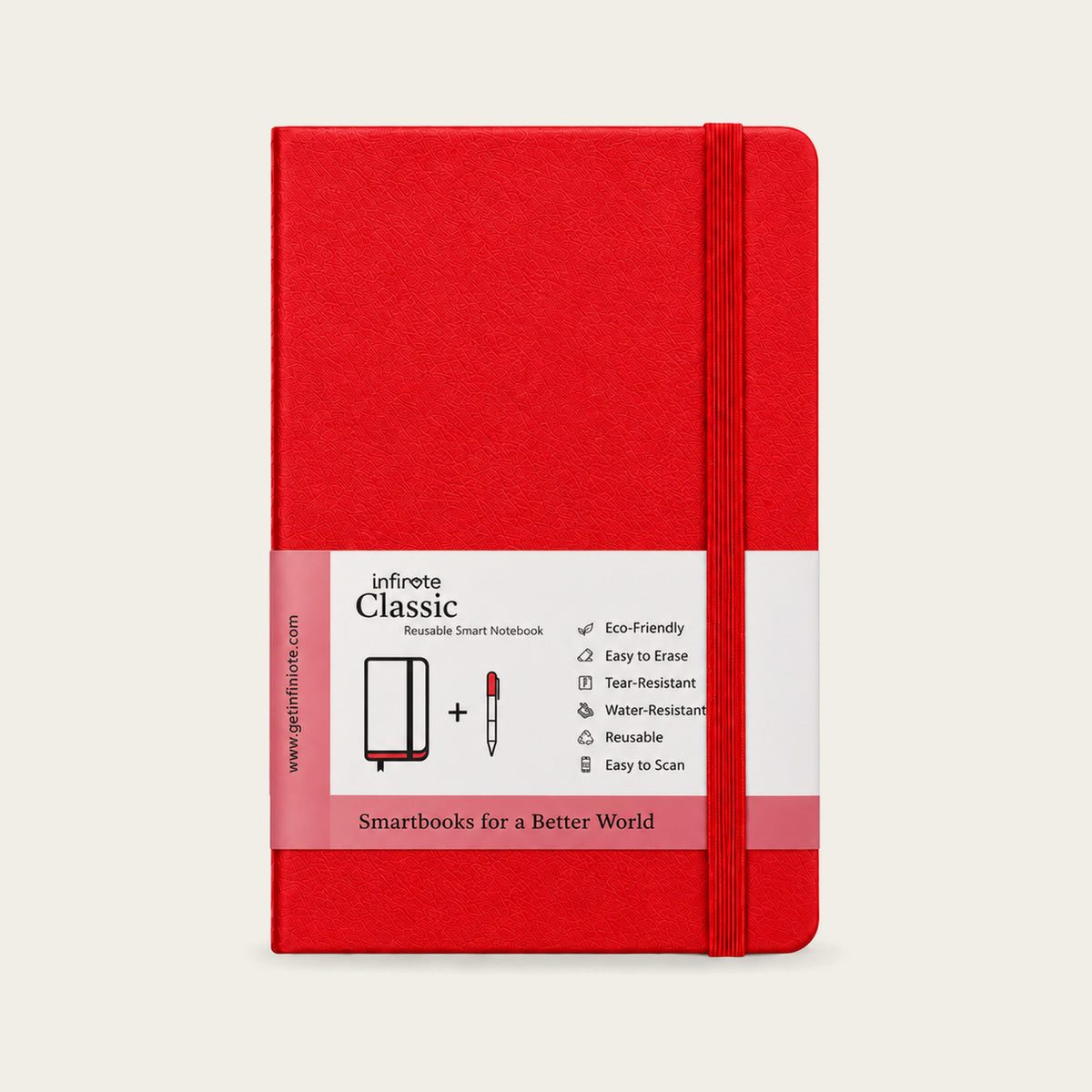 Infinote Classic Reusable Stone Paper AI Smart Notebook – Scarlet Red, front cover with paper wrap