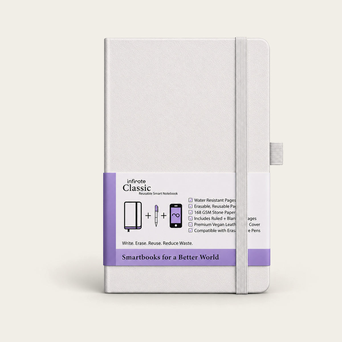 Infinote Classic Reusable Stone Paper AI Smart Notebook – White, front cover with paper wrap