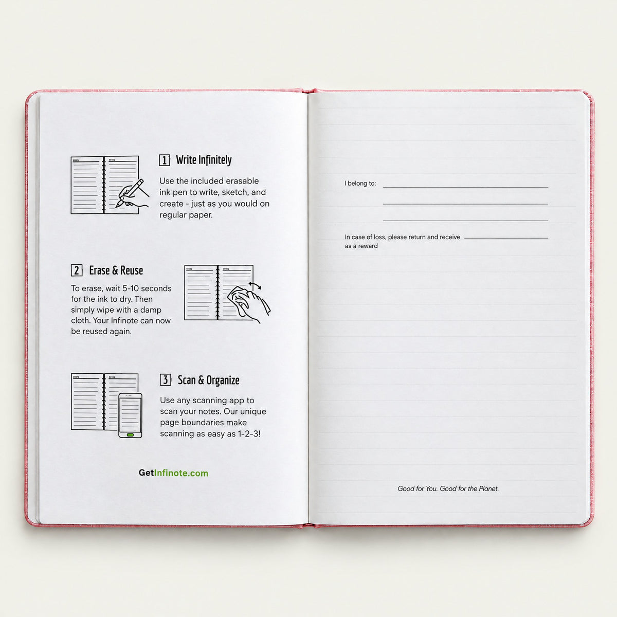 Infinote Classic Reusable Stone Paper AI Smart Notebook – Baby Pink, instructions page