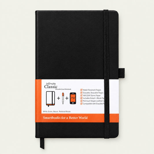 Infinote Classic Reusable Stone Paper AI Smart Notebook – Black, front view