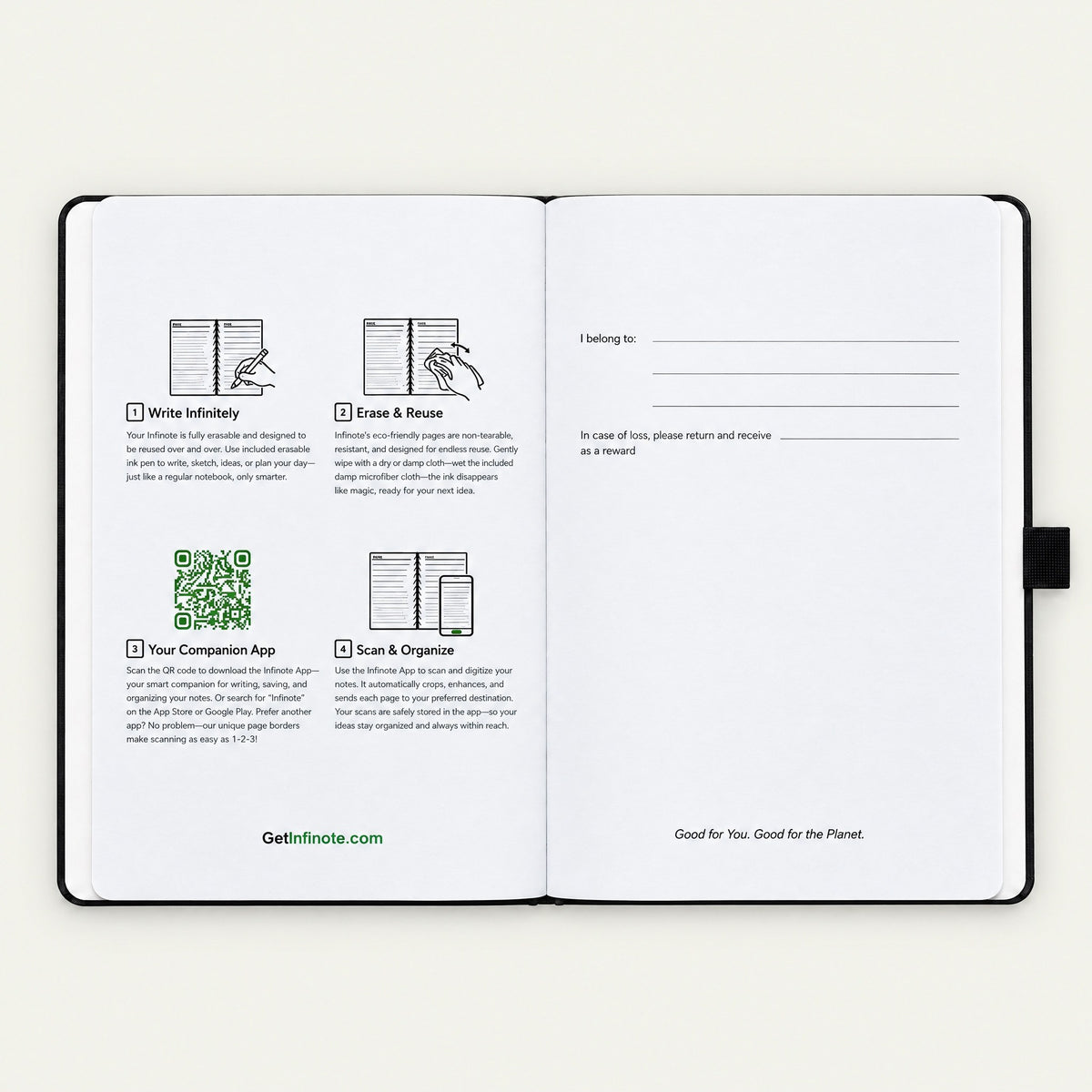 Infinote Classic Reusable Stone Paper AI Smart Notebook – Black, instructions page