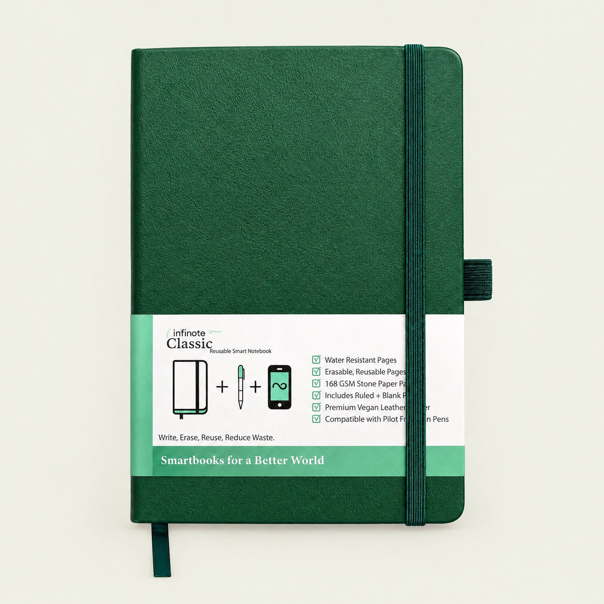 Infinote Classic Reusable Stone Paper AI Smart Notebook – Dark Green, front view