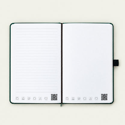 Infinote Classic Reusable Stone Paper AI Smart Notebook – Dark Green, open, ruled and blank pages