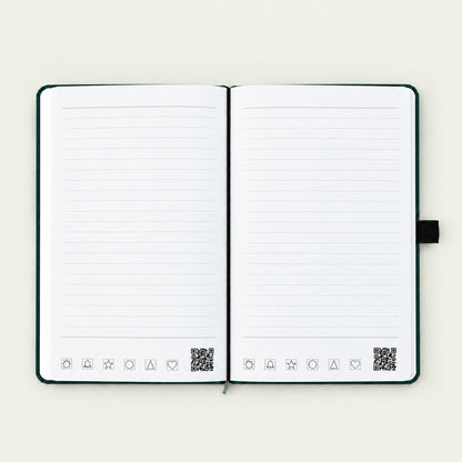 Infinote Classic Reusable Stone Paper AI Smart Notebook – Dark Green, open, ruled pages