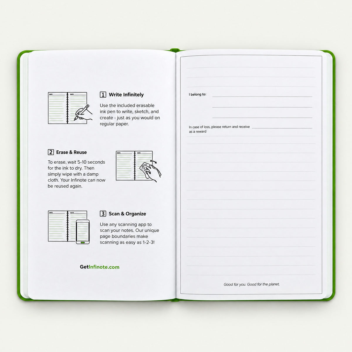 Infinote Classic Reusable Stone Paper AI Smart Notebook – Lime Green, instructions page
