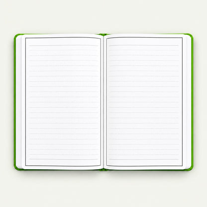 Infinote Classic Reusable Stone Paper AI Smart Notebook – Lime Green, open, ruled and blank pages