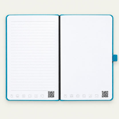 Infinote Classic Reusable Stone Paper AI Smart Notebook – Reef Blue, open, ruled and blank pages