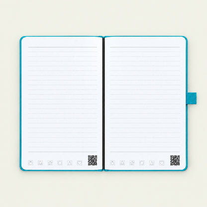 Infinote Classic Reusable Stone Paper AI Smart Notebook – Reef Blue, open, ruled pages