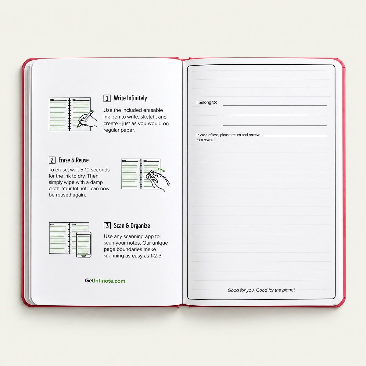 Infinote Classic Reusable Stone Paper AI Smart Notebook – Scarlet Red, instructions page
