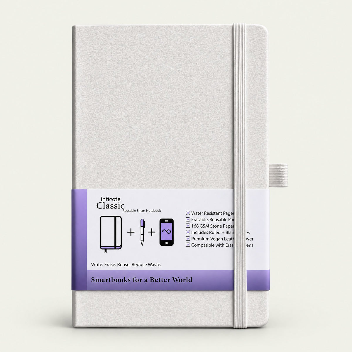 Infinote Classic Reusable Stone Paper AI Smart Notebook – White, front view