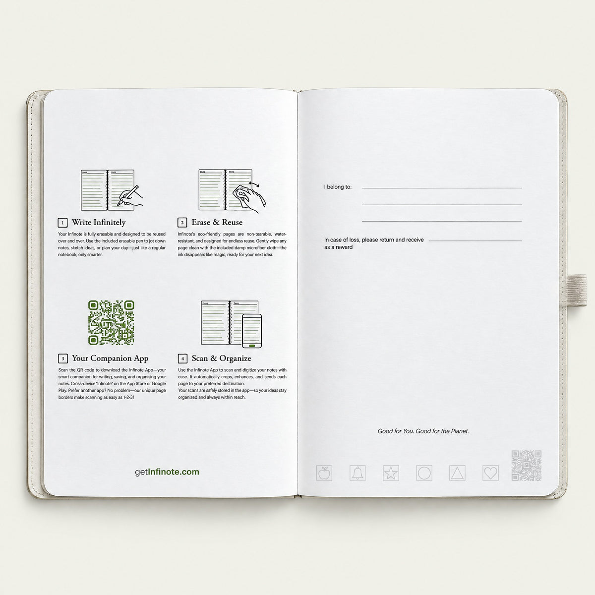 Infinote Classic Reusable Stone Paper AI Smart Notebook – White, instructions page