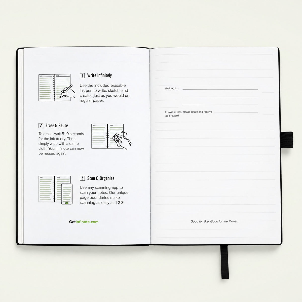 Infinote Classic Ribbed Reusable Stone Paper AI Smart Notebook – Black, Compact, instructions page