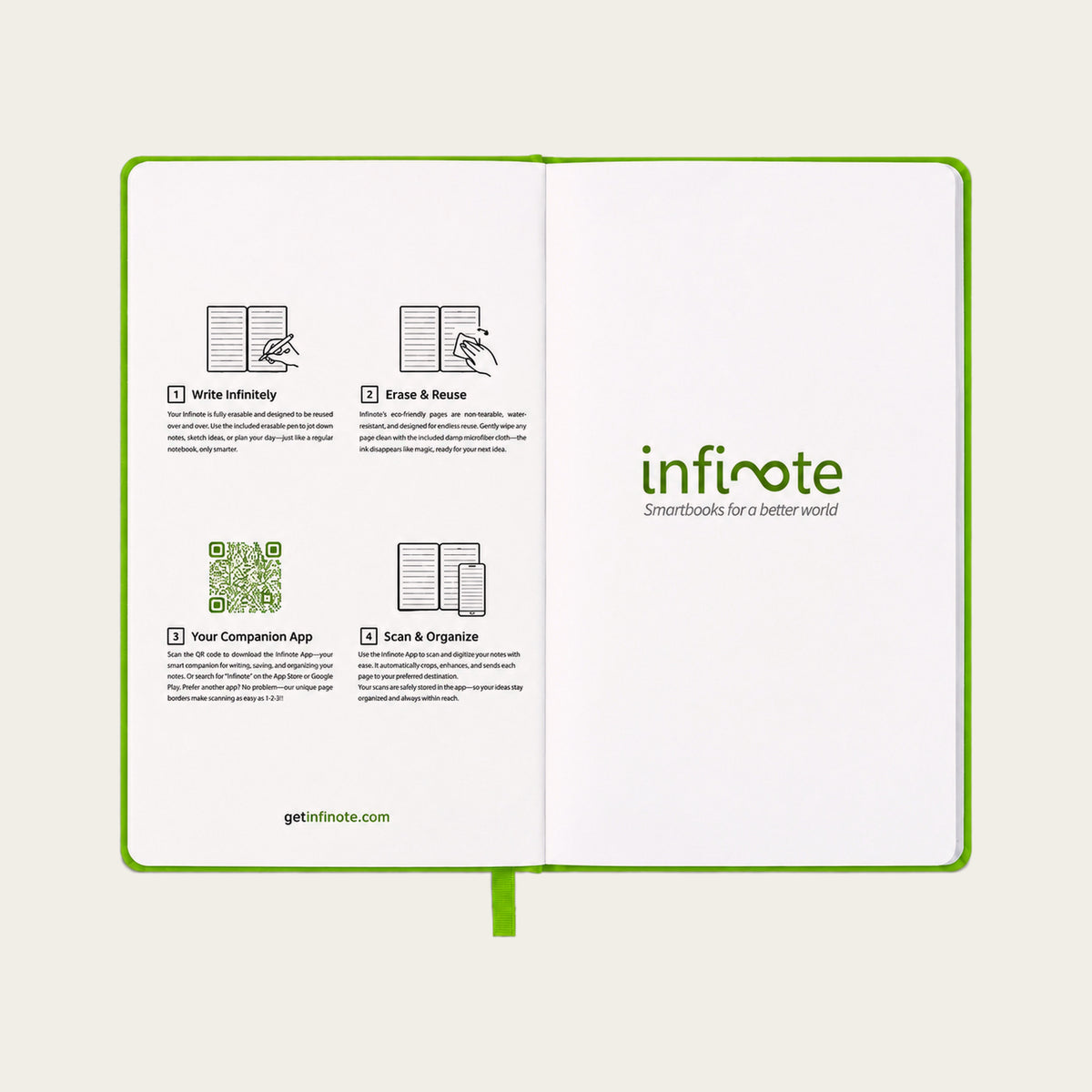 Infinote Classic Reusable Stone Paper AI Smart Notebook – Lime Green, instructions page