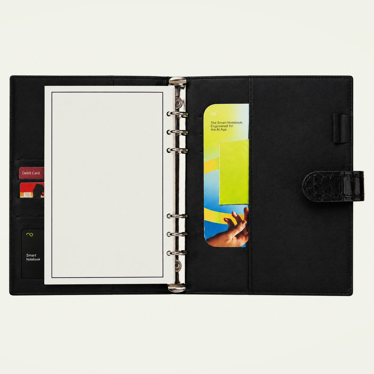 Infinote Elite Croc Limited Edition AI Planner Smart Notebook, Black Croc, open, inside back pockets