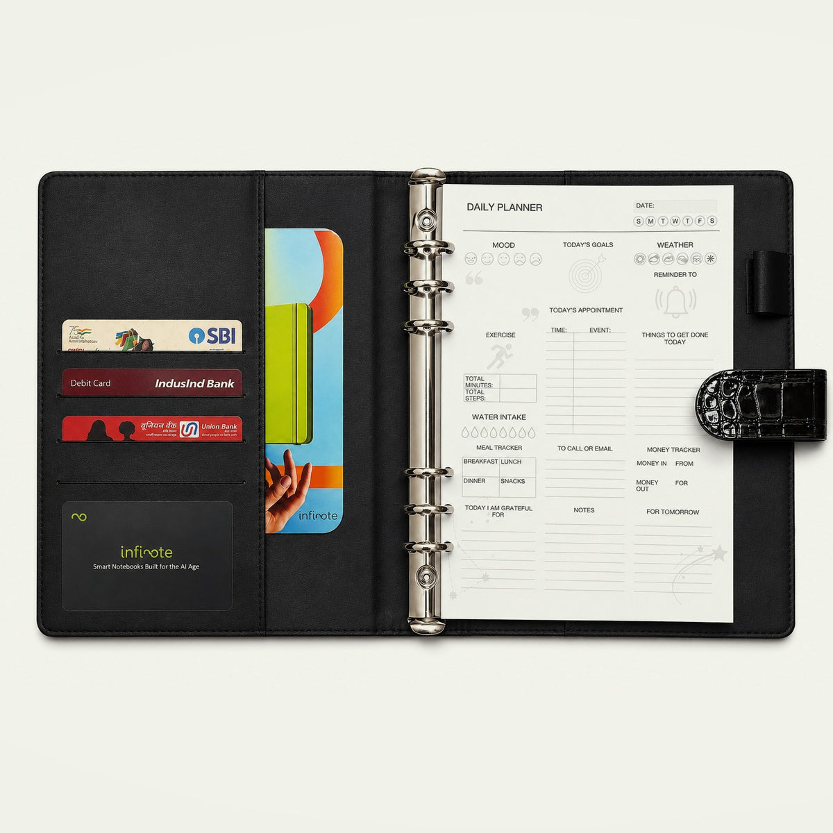 Infinote Elite Croc Limited Edition AI Planner Smart Notebook, Black Croc, open, inside card pockets