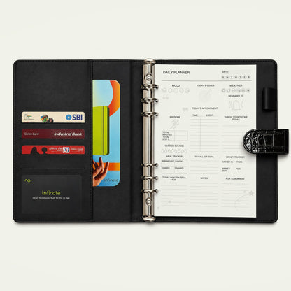 Infinote Elite Croc Limited Edition AI Planner Smart Notebook, Black Croc, open, inside card pockets