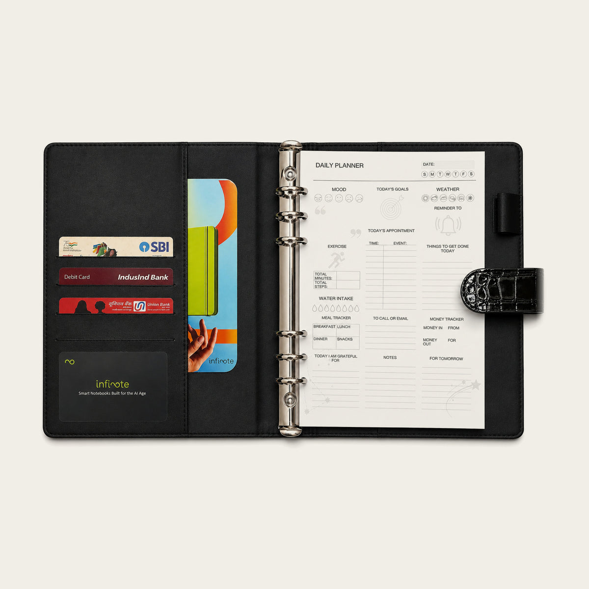 Infinote Elite Croc Limited Edition AI Planner Smart Notebook – Black Croc, inside card pockets
