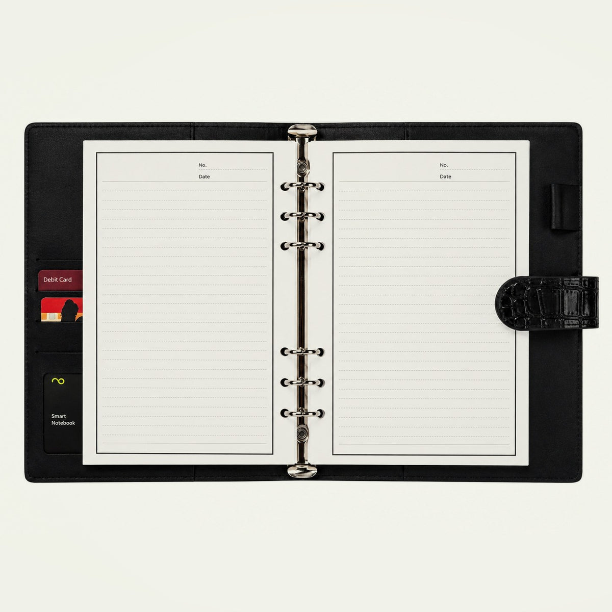 Infinote Elite Croc Limited Edition AI Planner Smart Notebook, Black Croc, open, ruled pages